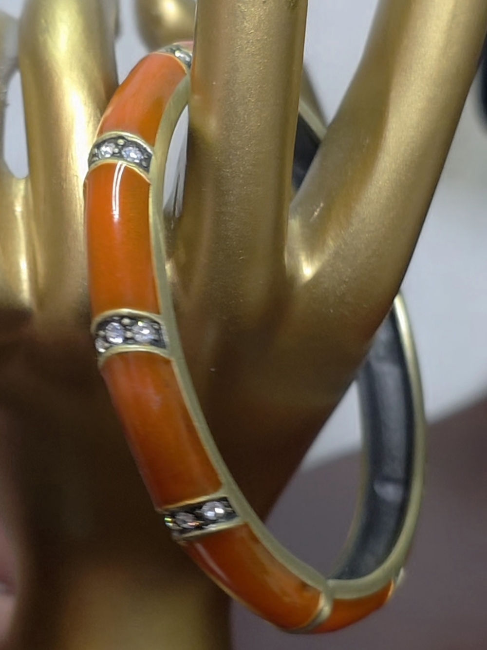 Women's Orange Enamel Hinged Bracelet with Crystal Accents